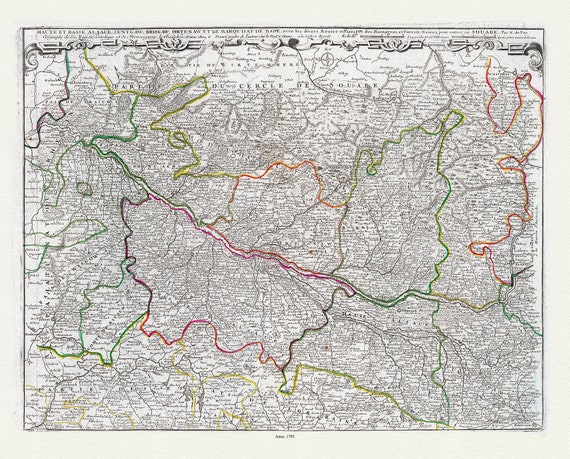 Fer (Nicolas de, 1646-1720),Haute et Basse Alsace, Suntgaw, Brisgaw, Ortenaw, et le Marguisat de Bade, 1705, toile de coton épaisse, 56x70cm