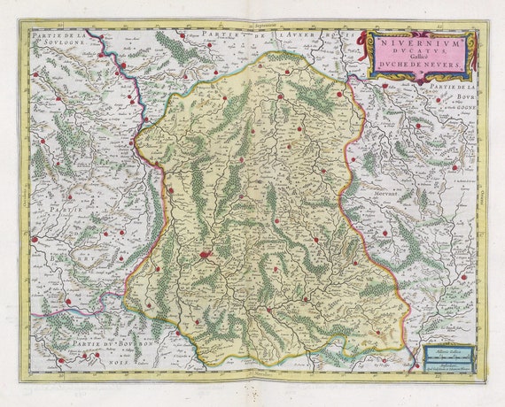 Nevers, Nivernivm Dvcatvs, 1665, auth. , une carte sur toile de coton épaisse, environ 56x70cm