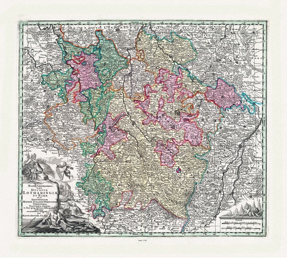 Seutter, Matthaeus, Mappa Geographica in qua Ducatus Lotharingia et Barr.(Lorraine), 1730,  ,une carte sur toile de coton épais, 56x70cm