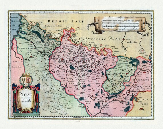 Picardie: Mercator et Hondius,  Picardia, 1623, carte sur toile de coton épaisse, environ 56x70cm