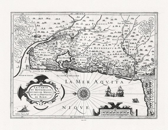 Carte du Bourdelois, du Pays de Medoc, et de la Prevoste de Born, Aquitaine (France), 1632, sur toile de coton épaisse, environ 56x70cm