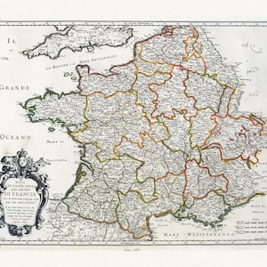 Rossi, Nova et esatta tavola del regno di Francia, 1697 , une carte sur toile de coton épaisse, environ 56x70cm