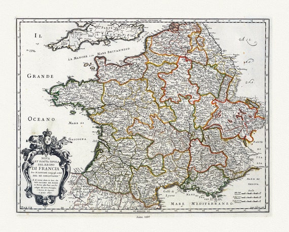 Rossi, Nova et esatta tavola del regno di Francia, 1697 , une carte sur toile de coton épaisse, environ 56x70cm