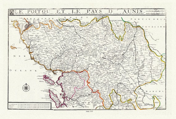 Le Poitou et le Pays d'Aunis,de Fer (Nicolas, 1646-1720), 1737, carte sur toile de coton épaisse, environ 56x70cm