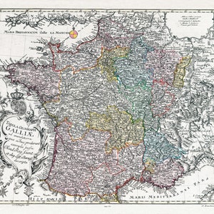 Tabula Geographica Galliae, 1753, une carte sur toile de coton épais, 56x70cm environ