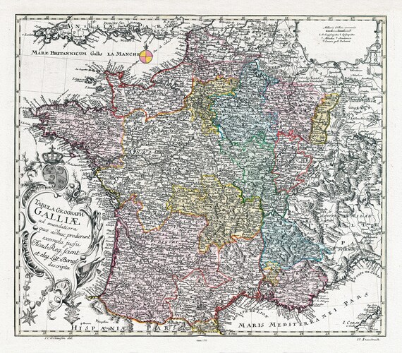 Tabula Geographica Galliae, 1753, une carte sur toile de coton épais, 56x70cm environ