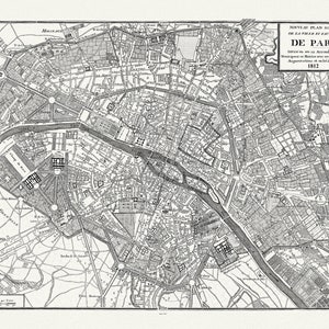 Paris, divisee en ses 12 arrondissemens municipaux ou mairies  1812, une carte sur toile de coton épaisse, environ 56x70cm
