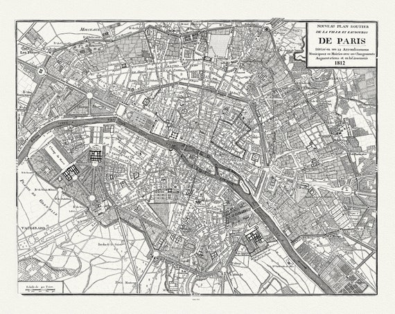 Paris, divisee en ses 12 arrondissemens municipaux ou mairies  1812, une carte sur toile de coton épaisse, environ 56x70cm