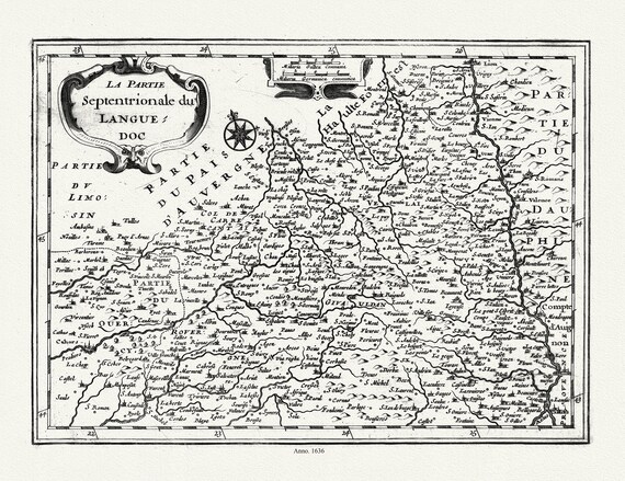 Languedoc: van Waesberge, Mercator et Cloppenburg, La partie Septentrionale du Languedoc, 1636, carte sur toile de coton épaisse, 56x70cm