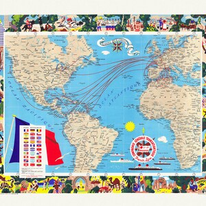 Carte des lignes. Compagnie Generale Transatlantique. French line, 1959, une carte sur toile de coton épaisse, environ 56x70cm