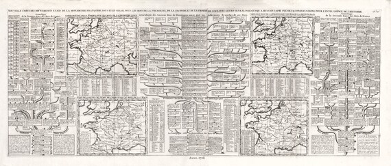 Henri Chatelain, Nouvelle Carte Des Differents Etats De La Monarchie Francoise, 1718, sur toile de coton épais, 30x70cm environ