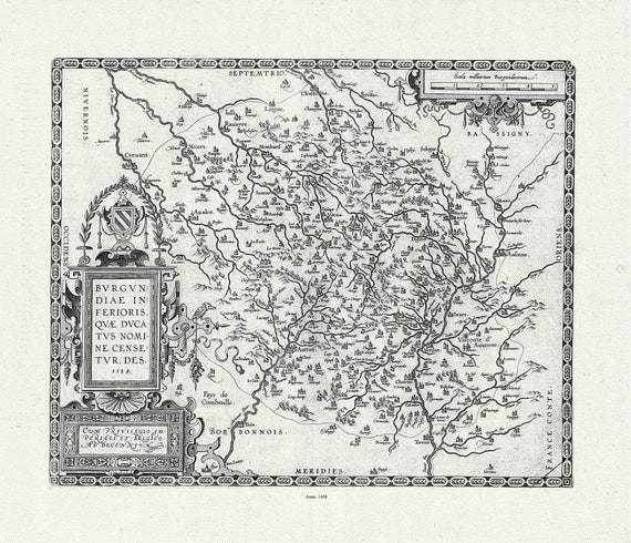 France, Burgundiae Inferioris. Ortelius et Vrients, 1608, une carte sur toile de coton épaisse, environ 56x70cm