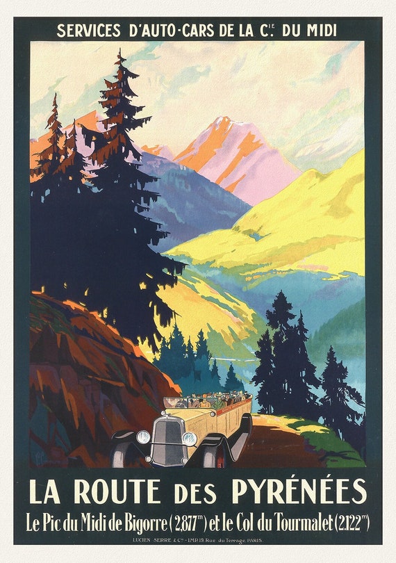 La Route des Pyrenees, 1925, une affiche de voyage sur toile de coton épaisse, environ 45x60cm