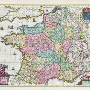 France, Gallia, Vulgo La France, 1665, Bleau auth. , une carte sur toile de coton épaisse, environ 56x70cm
