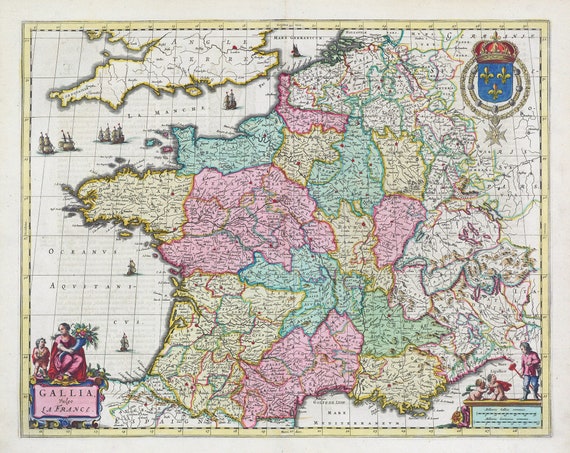 France, Gallia, Vulgo La France, 1665, Bleau auth. , une carte sur toile de coton épaisse, environ 56x70cm