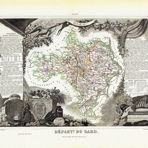 Languedoc: Levasseur, Dept. Du Gard, 1856, une carte sur toile de coton épaisse, environ 56x70cm