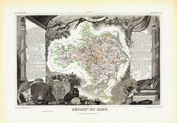 Languedoc: Levasseur, Dept. Du Gard, 1856, une carte sur toile de coton épaisse, environ 56x70cm