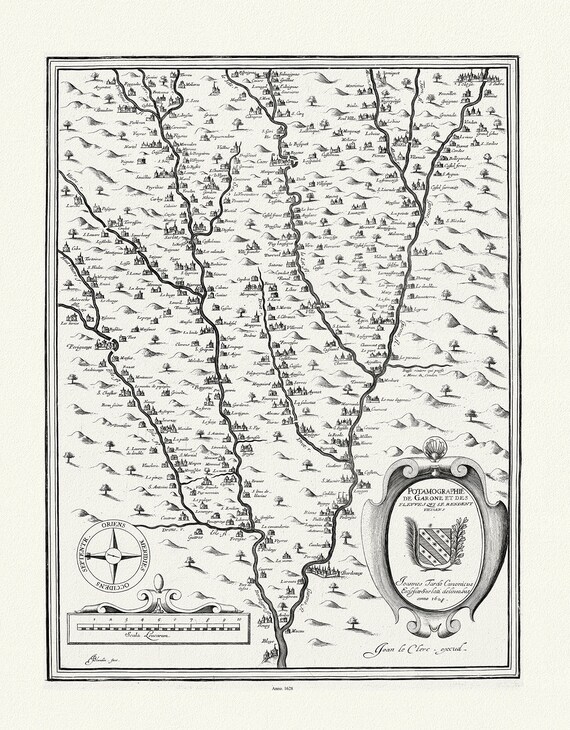 Rochemaillet , Potamographie de Garone et des Fleuves qui Rendent Dedans, Fleuve Garonne,1628,, carte sur toile de coton, environ 56x70cm