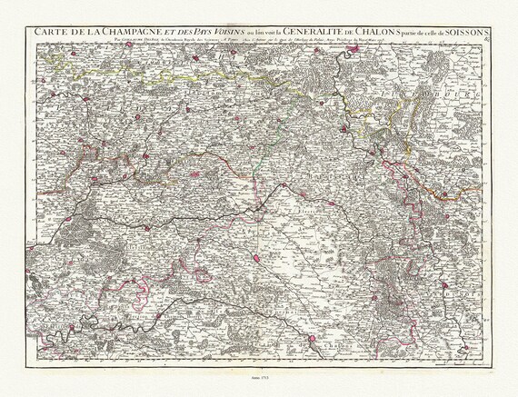 Champagne-Brie : Delisle, (Guillaume de,1675-1726),  Champagne, Generalite de Chalons, 1713, carte sur toile de coton épaisse, 56x70 cm