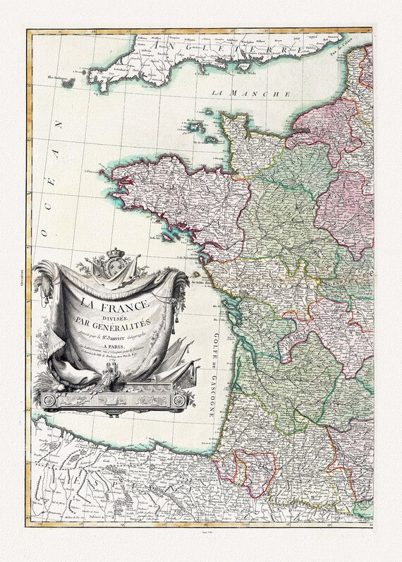 Lattre (Jean,1743 -1793), La France  divisee Par Generalites, 1760 ,une carte sur toile de coton épais, 56x70cm environ