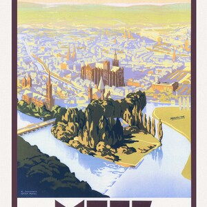 Metz, ville historique, 1932, une affiche de voyage sur toile de coton épaisse, environ 45x60cm