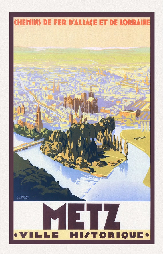 Metz, ville historique, 1932, une affiche de voyage sur toile de coton épaisse, environ 45x60cm