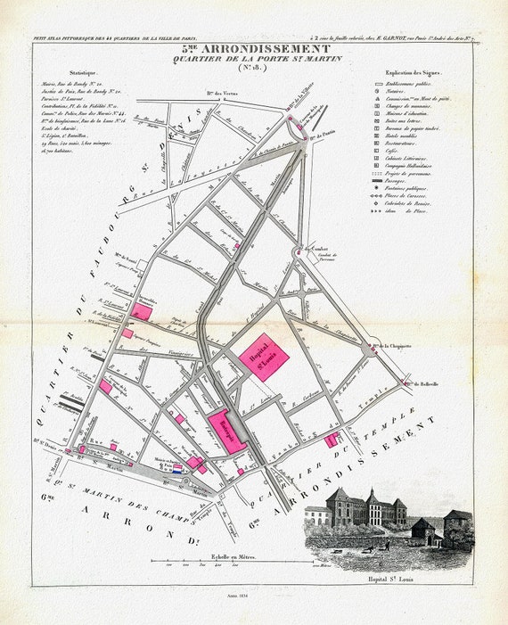 Perrot, Paris 5 Me. Arrondissement  Quartier de la Porte St. Martin. (No.18) , 1834, une carte sur toile de coton épaisse, environ 56x70cm