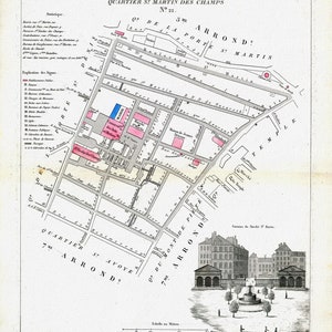 Perrot, Paris 6 Eme. Arrondissement  Quartier St. Martin des Champs. No. 22, 1834 , une carte sur toile de coton épaisse, environ 56x70cm
