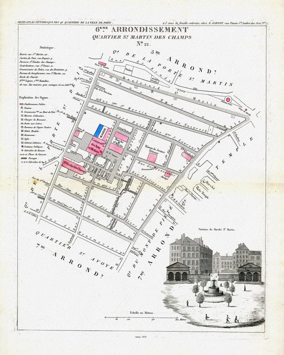 Perrot, Paris 6 Eme. Arrondissement  Quartier St. Martin des Champs. No. 22, 1834 , une carte sur toile de coton épaisse, environ 56x70cm