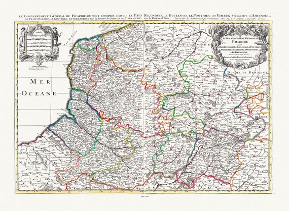 Picardie: Jaillot, Mortier et Sanson, Le Gouvernement General de Picardie, 1708 , carte sur toile de coton épaisse, environ 56x70cm