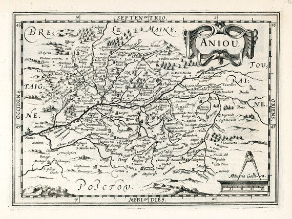 Anjou: Aniou.1636. Mercator et al. auth. , une carte sur toile de coton épaisse, environ 56x70cm
