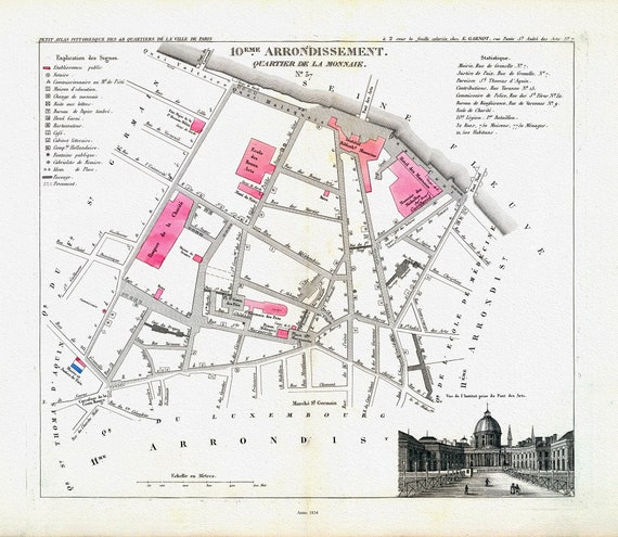 Perrot, Paris 10 Eme. Arrondissement  Quartier de la Monnaie. No. 37, 1834, une carte sur toile de coton épaisse, environ 56x70cm