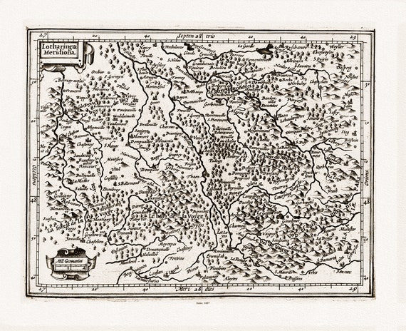 Mercator et Hondius, Lotharingia Meridiona, 1607 Ver. S carte sur toile de coton épaisse, environ 56x70cm