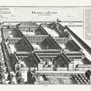Lyonnais: Merian et Zeiler, Hospital de la Charite de la Ville de Lyon, 1662, carte sur toile de coton épaisse, environ 56x70cm