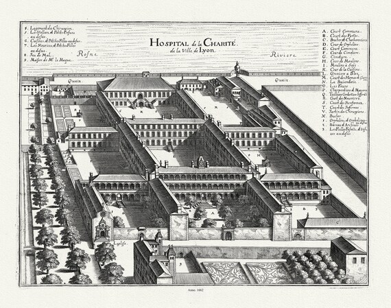 Lyonnais: Merian et Zeiler, Hospital de la Charite de la Ville de Lyon, 1662, carte sur toile de coton épaisse, environ 56x70cm