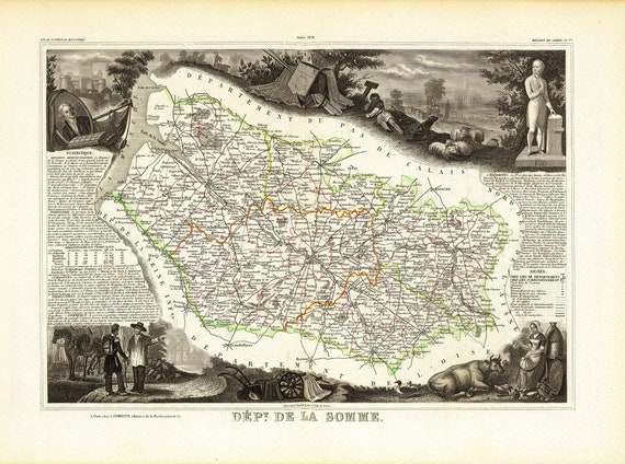 Normandy: Levasseur, Dept. Des De La Somme, 1856 , carte sur toile de coton épaisse, environ 56x70cm