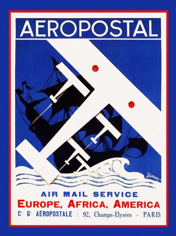 Art Deco-Aeropostale, France, 1928, travel poster reprinted on durable cotton canvas, 50 x 70 cm, 20 x 25" approx.