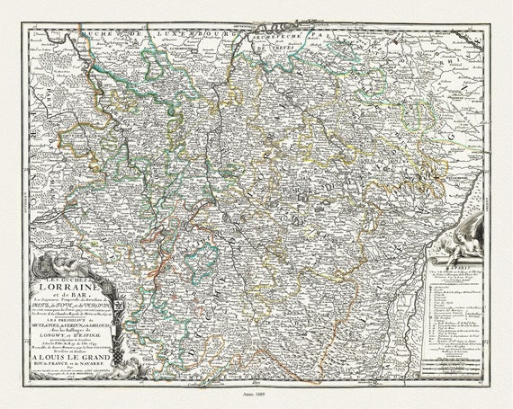 Les Duchez de Lorraine et de Bar . Nolin auth., 1689, map on durable cotton canvas, 50 x 70 cm or 20x25" approx.