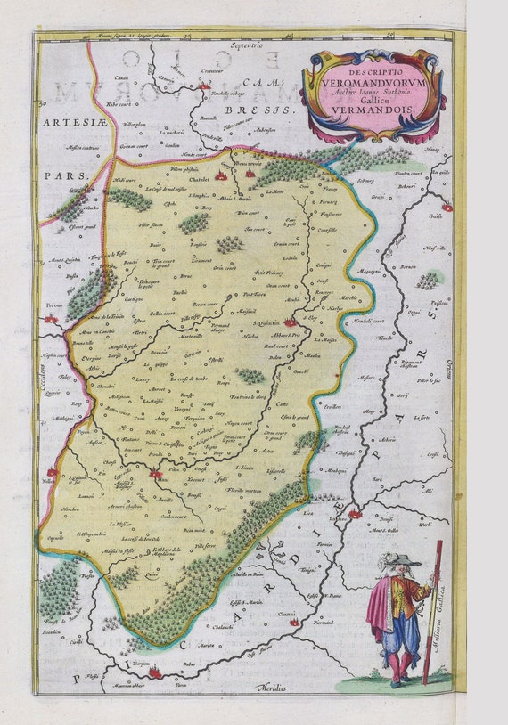 Picardie, Descriptio Veromandvorvm;1665, Bleau auth. , une carte sur toile de coton épaisse, environ 56x70cm