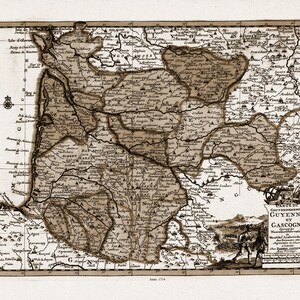 van der Aa, Carte du gouvernement de Guyenne et Gascogne, 1714 Ver. S, carte sur toile de coton épaisse, environ 56x70cm