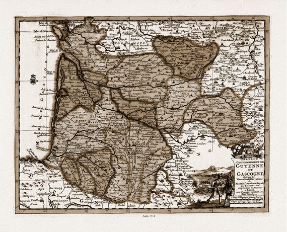 van der Aa, Carte du gouvernement de Guyenne et Gascogne, 1714 Ver. S, carte sur toile de coton épaisse, environ 56x70cm