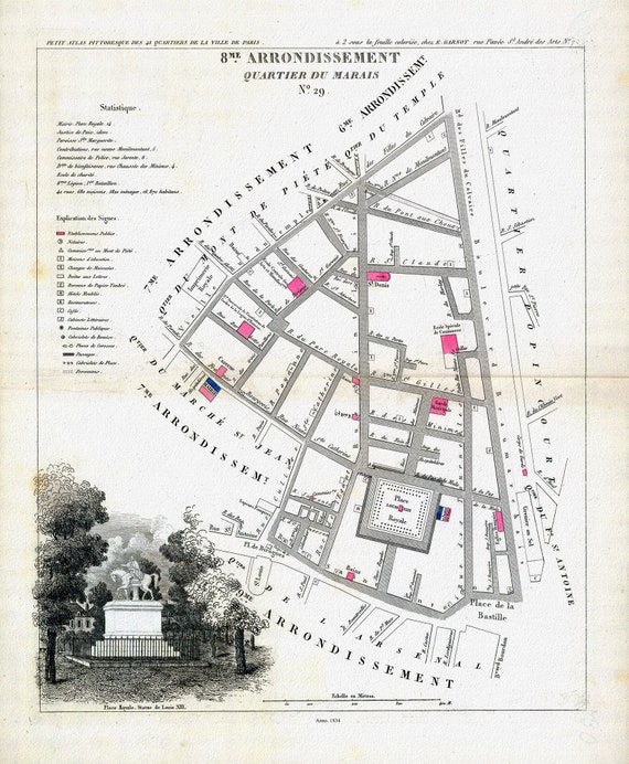Perrot, Paris 8 Me. Arrondissement  Quartier du Marais. No. 29, 1834, une carte sur toile de coton épaisse, environ 56x70cm