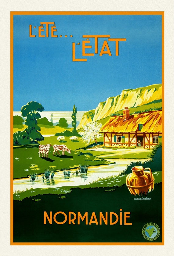 Normandy, l'Ete...l'Etat , une affiche de voyage sur toile de coton épaisse, environ 56 x 70cm