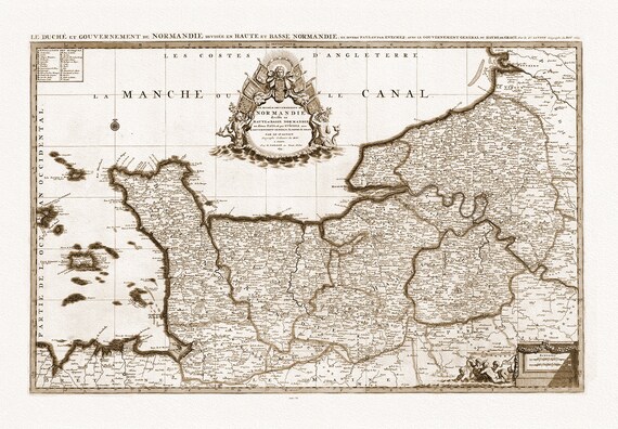 Normandy: Jaillot, Mortier et Sanson, Le Duche et Gouvernement General de Normandie, 1708 Ver. S,sur toile de coton épaisse, environ 56x70cm