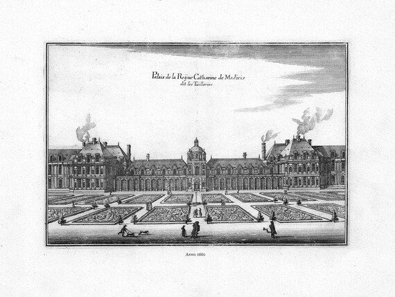 Merian, V. 1. Palais de la Reyne Catharine de Medicies dit les Tuilleries, Paris, 1660 ,une carte sur toile de coton épais, 56x70cm environ