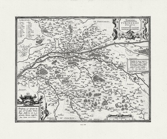 Touraine, Tours, Turonensis Ducatus. Ortelius et Vrients, 1608, une carte sur toile de coton épaisse, environ 56x70cm