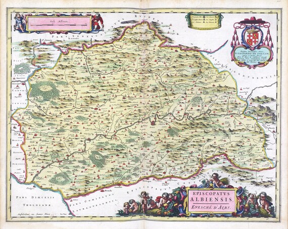 France, Albi, Eposcopatvs Albiensis, 1665, Blaeu auth. , une carte sur toile de coton épaisse, environ 56x70cm