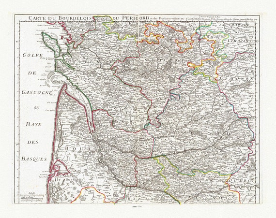 Delisle, (Guillaume de,1675-1726), Bourdelois du Perigord, 1714, carte sur toile de coton épaisse, environ 56x70cm