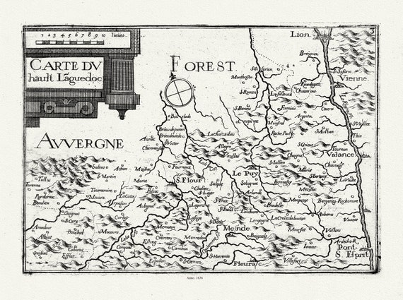 Languedoc: Tassin, Carte du Haut Languedoc, 1636, une carte sur toile de coton épaisse, environ 56x70cm