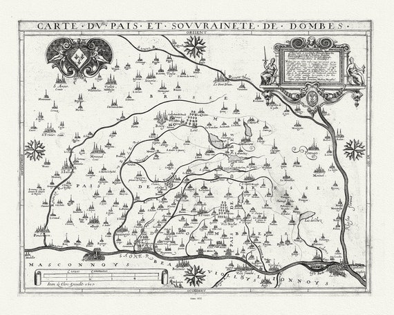 Lorraine: Rochemaillet (Michel de la, ), Carte du Pais et Souvrainete de Dombes, Saone (France), 1632 ,sur toile de coton épaisse, 56x70cm